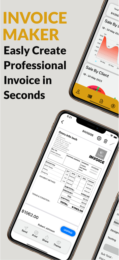 中小企業向けのプロフェッショナルな請求書作成と売上分析チャートを示すモバイルアプリのインターフェース。