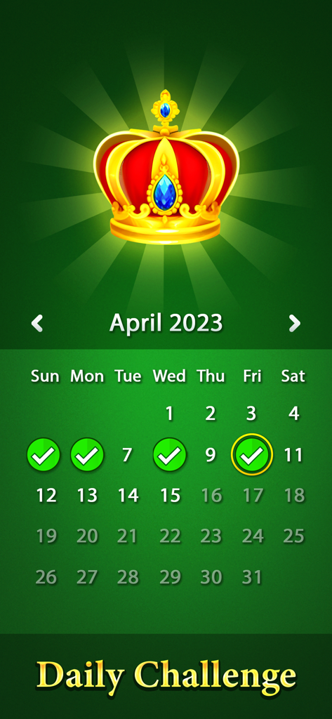 Spider Solitaire Card Games · - Daily challenge calendar for Spider Solitaire with a golden crown reward and completed days marked by checkmarks