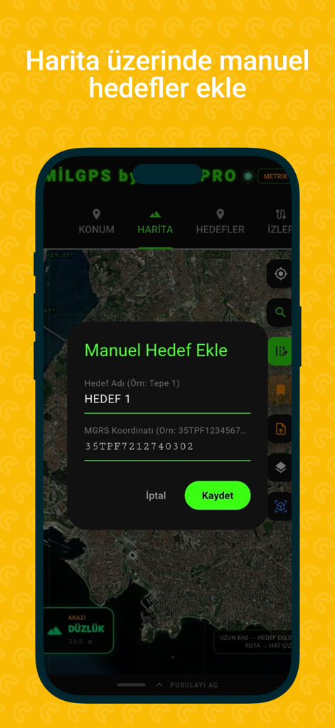 MilGPS PRO - MilGPS PRO app interface showing the manual target entry screen with MGRS coordinates over a satellite map