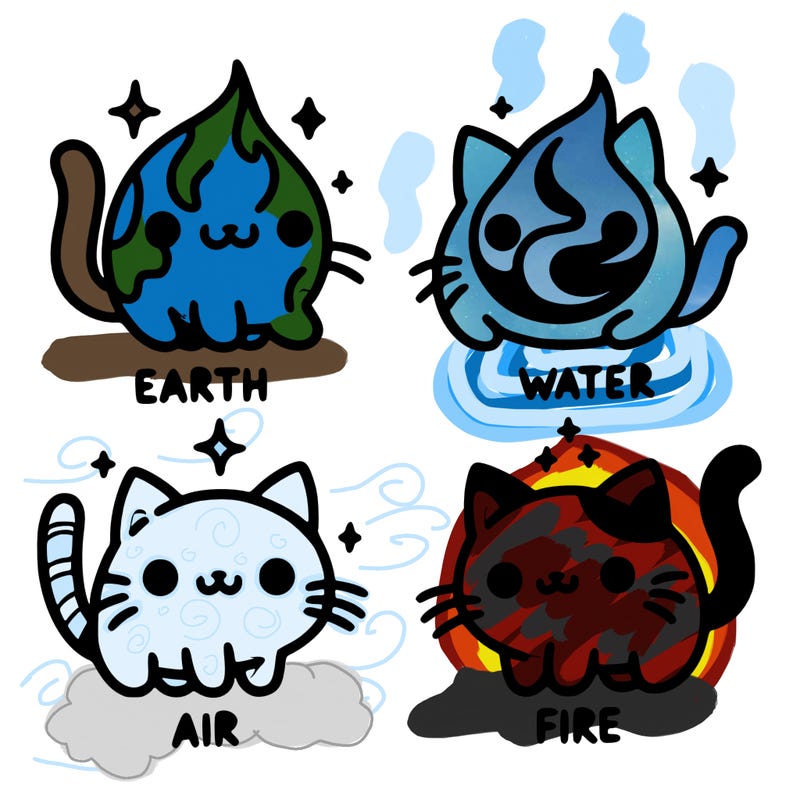 4 cats that represent the different elements, earth, water, air, and fire