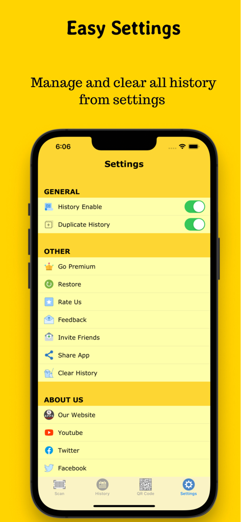 QR-Code Scan - Interface showing the easy settings menu of the QR-Code Scan app with options to manage history and social links