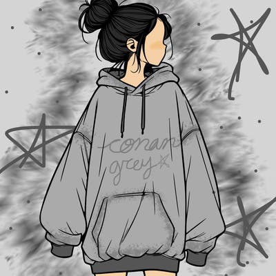 realistic girl with a oversized sweatshirt on and a bun