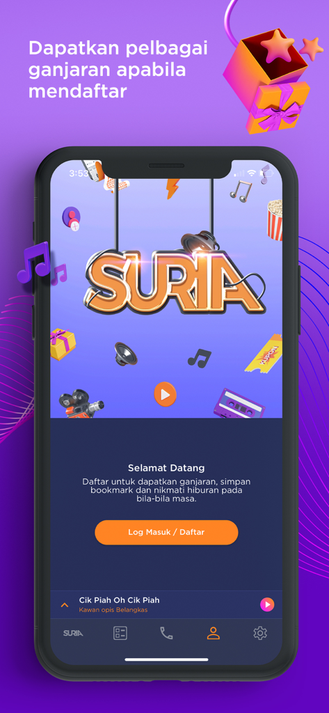 Suria Malaysia - Pantalla de inicio de sesión de la aplicación Suria Malaysia mostrando un mensaje de bienvenida y recompensas por registrarse