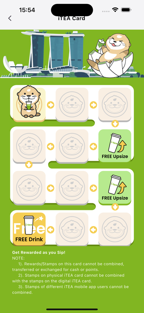 The itea app digital loyalty card featuring a stamp system for free drinks and upsizes