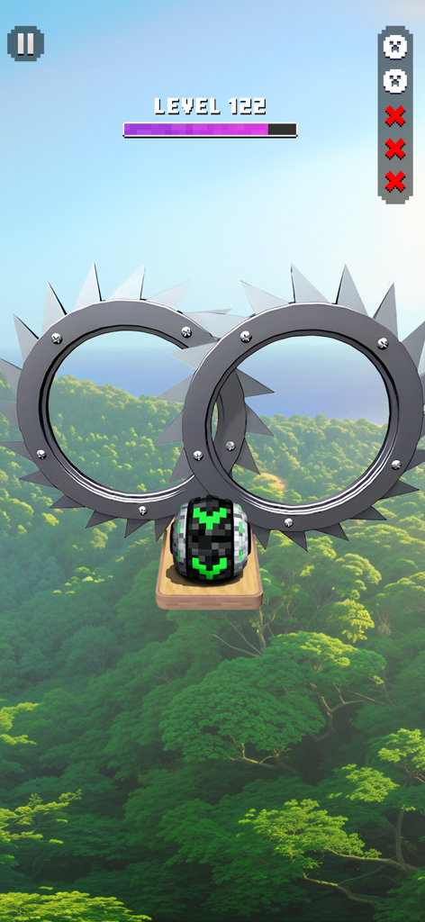 Super Rolling Ball Balance - A pixelated green and black rolling ball balancing between two large circular saw blades over a lush forest background.