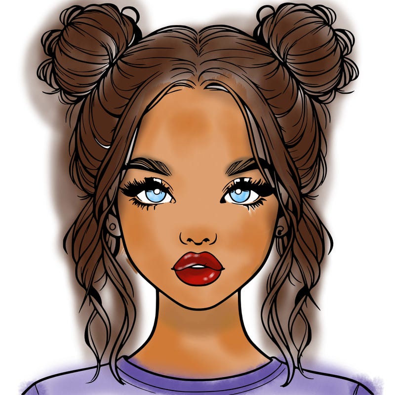 realistic girl with two buns in hair and lips