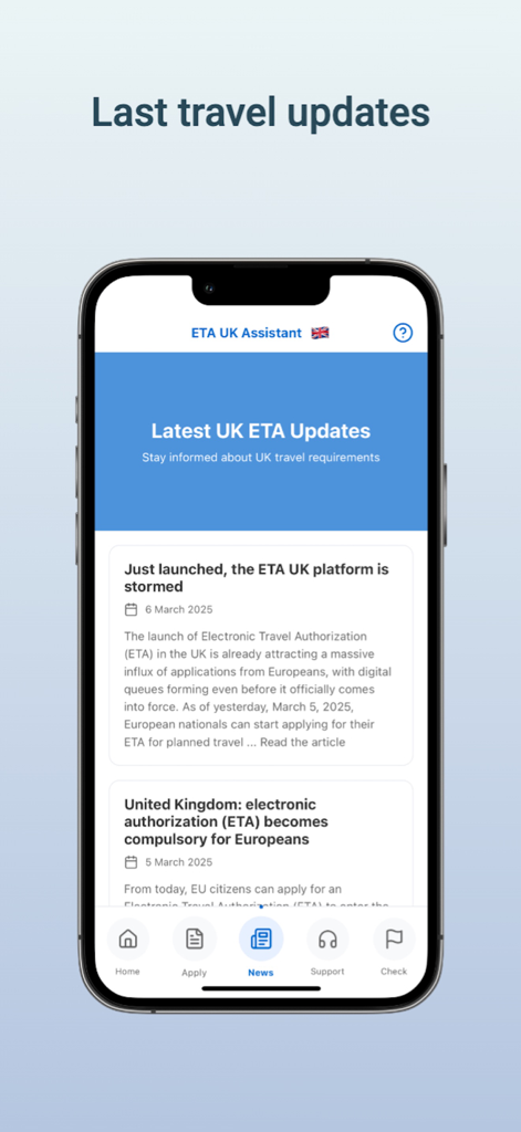 ETA UK Assistant App-Bildschirm, der die neuesten Reise-Updates und Nachrichten zu den britischen ETA-Anforderungen anzeigt