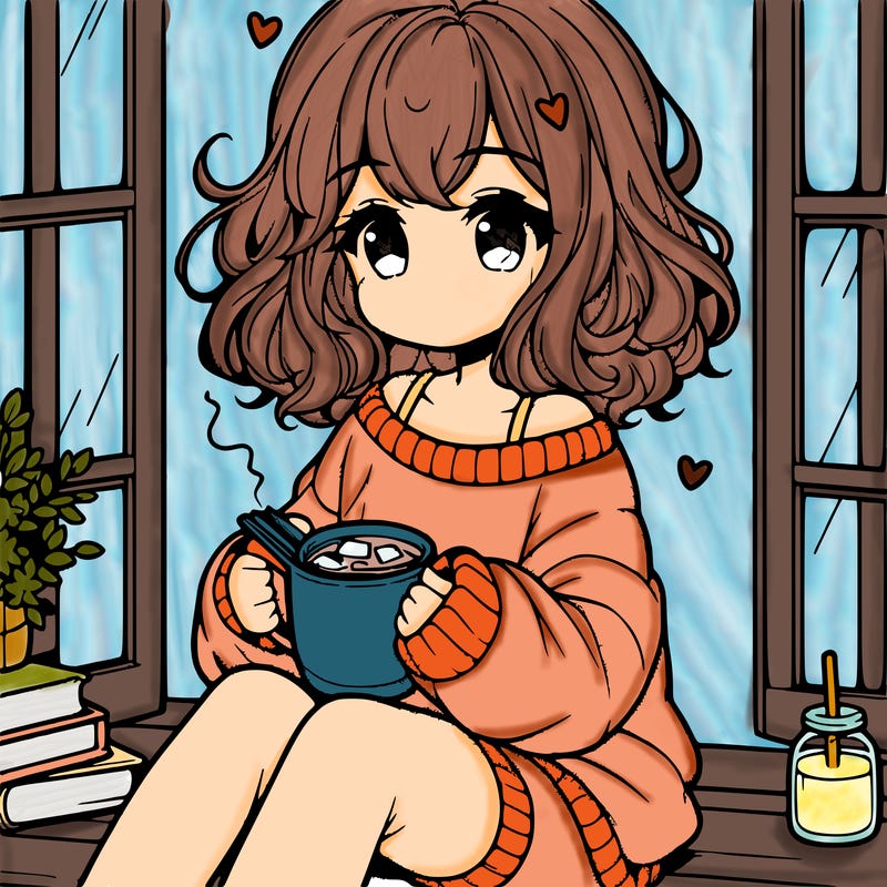 cute anime girl reading book and drinking hot chocolate from mug with loose wavy hair wearing a baggy sweatshirt and shorts sitting by windowsill looking out