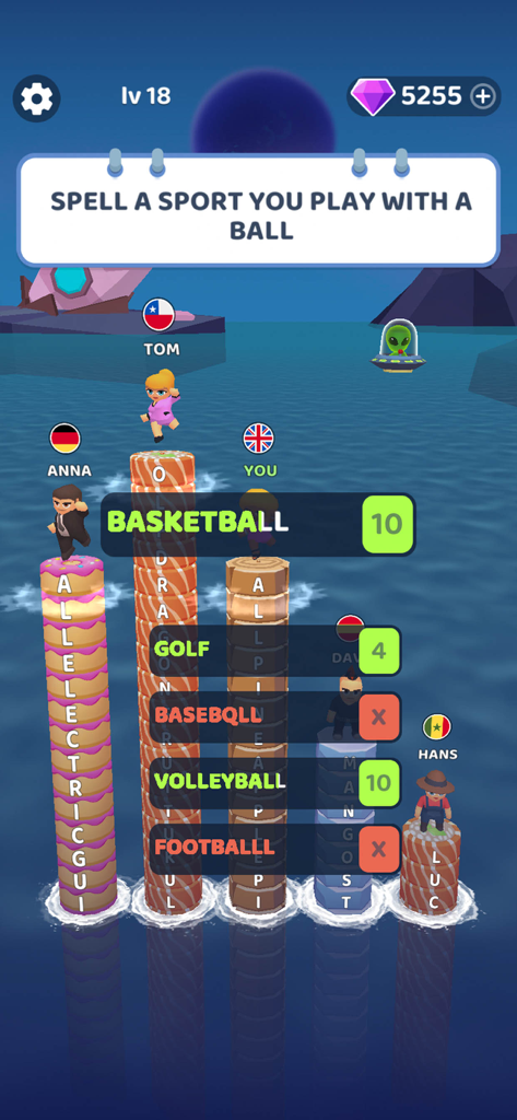 Words to Win - Guess Words - Pantalla de juego de Words to Win que muestra una competencia de ortografía donde los jugadores elevan sus plataformas al responder preguntas correctamente.