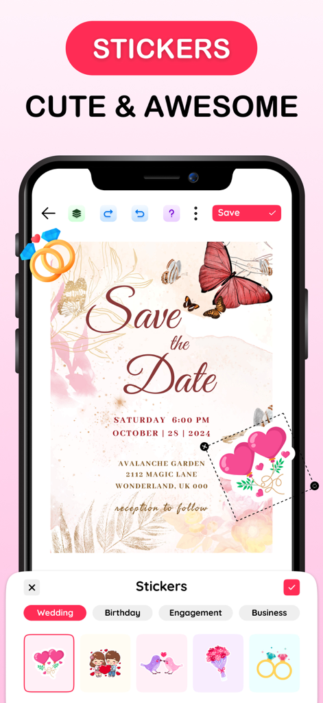 Invitation Maker: RSVP & Cards - Adding cute stickers to a wedding invitation in the app.