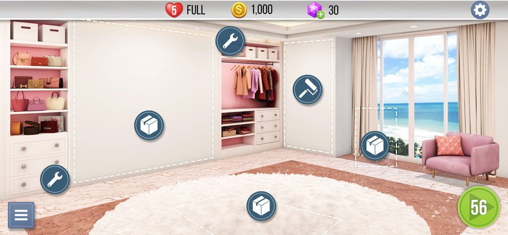 Home Design : Stay Here - La interfaz de un juego de diseño de interiores 3D que muestra un vestidor de lujo con un sillón rosa y vistas al mar.