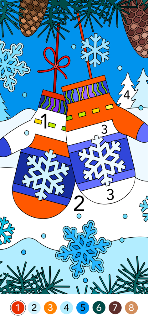 Un'illustrazione a tema invernale a pittura per numero che mostra guanti colorati e fiocchi di neve