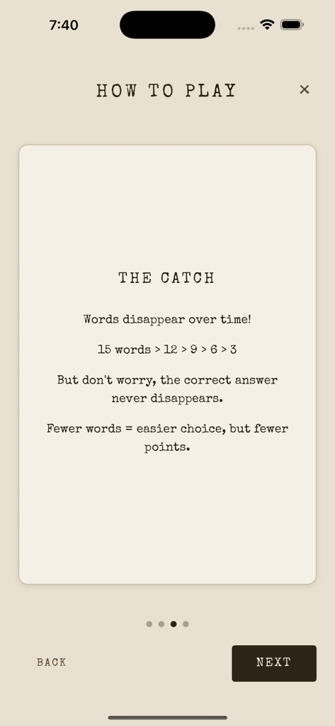 DEFINED. - 시간이 지남에 따라 가능한 포인트를 줄이기 위해 오답 단어가 사라지는 방법을 설명하는 DEFINED. 단어 게임의 타자기 스타일 지침 화면.