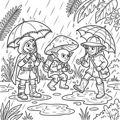 Embark on a delightful adventure with our Goblin Scouts as they brave a rainy day. This enchanting coloring page captures their stealth and spirit amidst splashing puddles and falling raindrops.