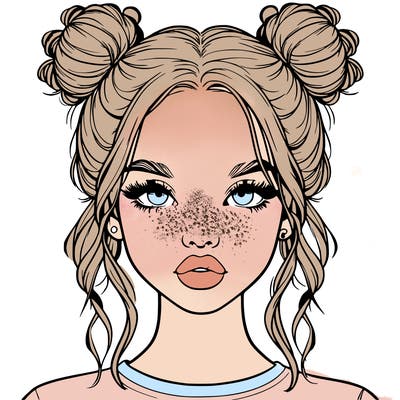 realistic girl with two buns in hair and lips