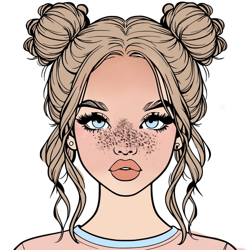 realistic girl with two buns in hair and lips