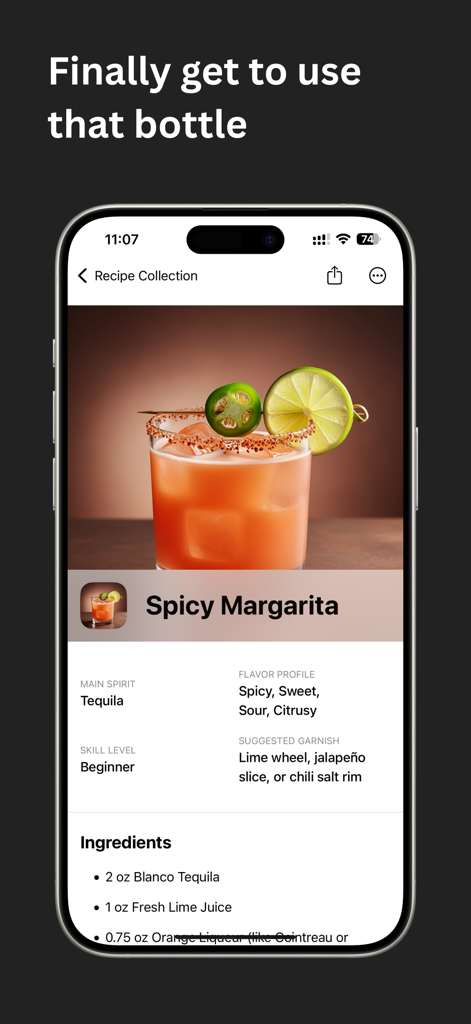Cocktail Recipes -  Sip AI - Mobile screen showing a Spicy Margarita recipe in the Sip AI app with ingredients and skill level details.