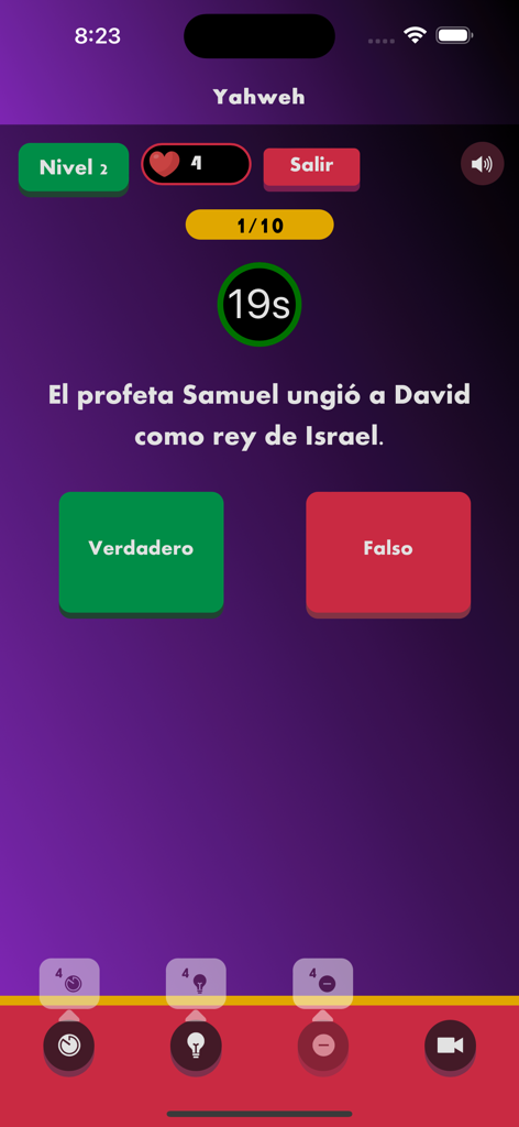 Juego Bíblico Yahweh - Interface of the Yahweh Bible game showing a True or False question in Spanish about King David