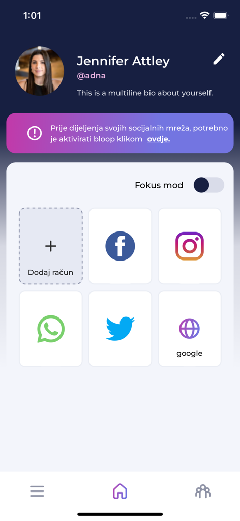Bloop - Connect & Share - Una pantalla de perfil de usuario en la aplicación Bloop que muestra varios iconos de redes sociales para compartir contactos rápidamente