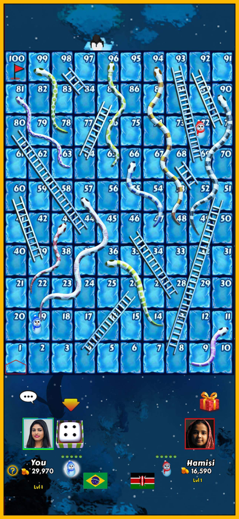 Snakes and Ladders King - Jugabilidad multijugador en línea en Rey de Serpientes y Escaleras con el tema Pingüino y tablero de hielo
