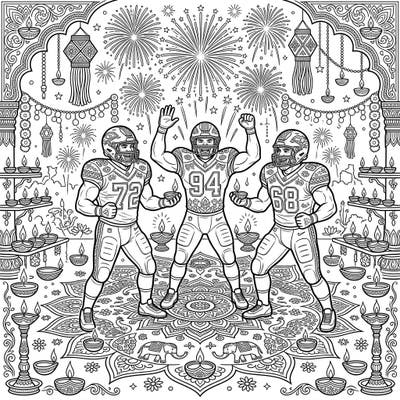 Get ready to light up the field and your coloring pencils with this incredible Diwali celebration featuring powerful defensive linemen. Immerse yourself in a world of intricate rangoli, dazzling diyas, and explosive fireworks, all while bringing your favorite football heroes to life.