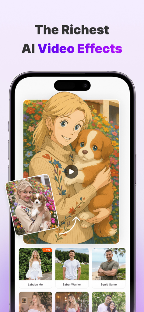 Aitubo: AI Video Generator - Aitubo app interface showing a real photo of a woman and dog being transformed into an anime style AI video effect