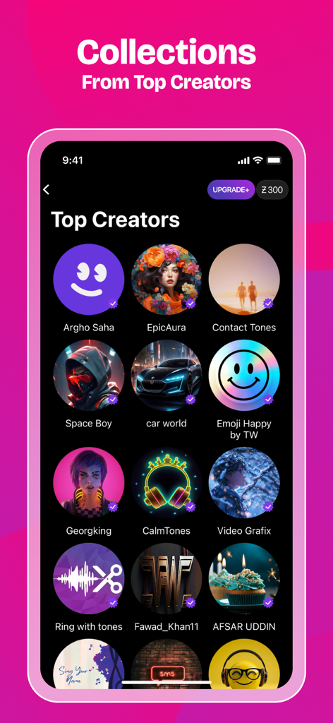 Pantalla de la aplicación móvil Zedge que muestra una lista de los mejores creadores de contenido con diversos iconos de perfil para la personalización del teléfono.