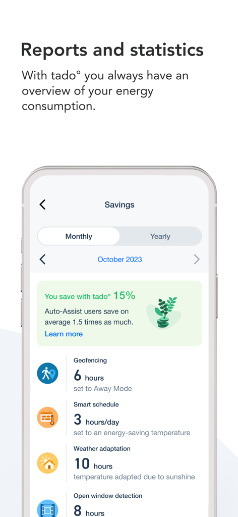 tado° - tado app interface showing detailed energy savings reports and statistics for a smart home.