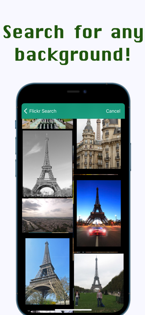 Photo Cut Out Erase Background - Flickr search interface for selecting new photo backgrounds in the app