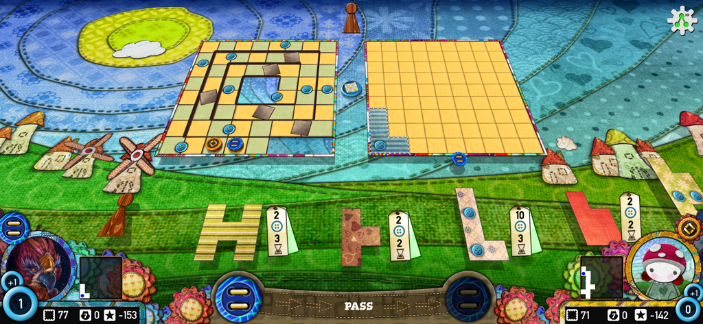 Patchwork The Game - Gameplay screen of Patchwork The Game showing a 9x9 grid and fabric patches for a digital board game experience.