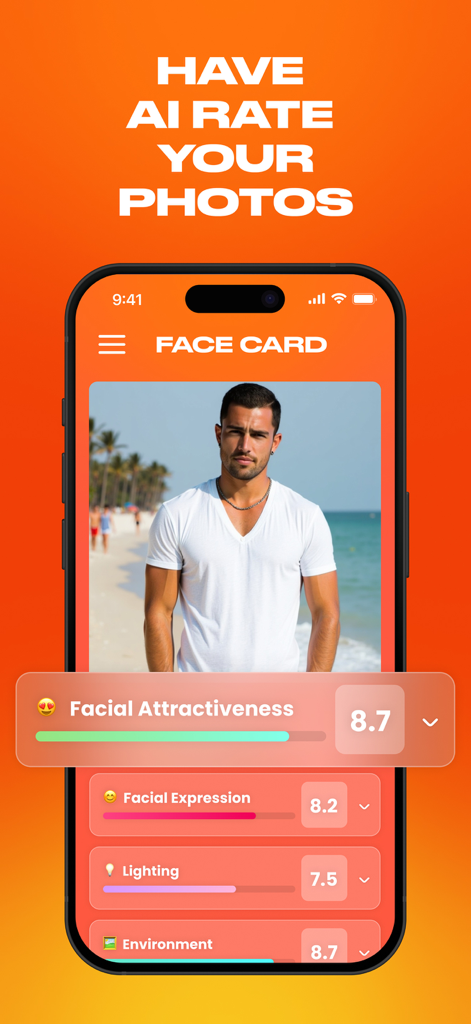 FACE CARD‎ - Interfaz de la app FACE CARD que muestra puntuaciones de atractivo generadas por IA y métricas para un retrato masculino.