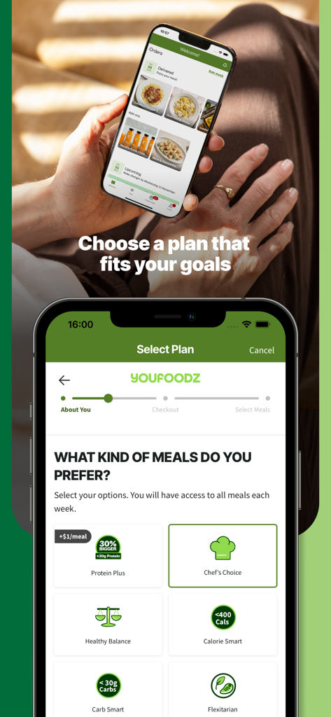 Youfoodz: Custom Meal Plan - Youfoodz app interface for selecting meal plans based on health goals like Protein Plus and Calorie Smart