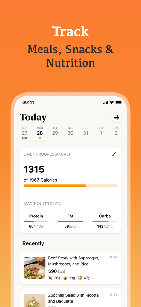 Daily nutrition dashboard showing calorie progress and macronutrient breakdown in the Kalo app