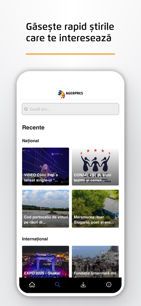 AGERPRES - Interface of the Agerpres mobile app showing news categories and a search bar