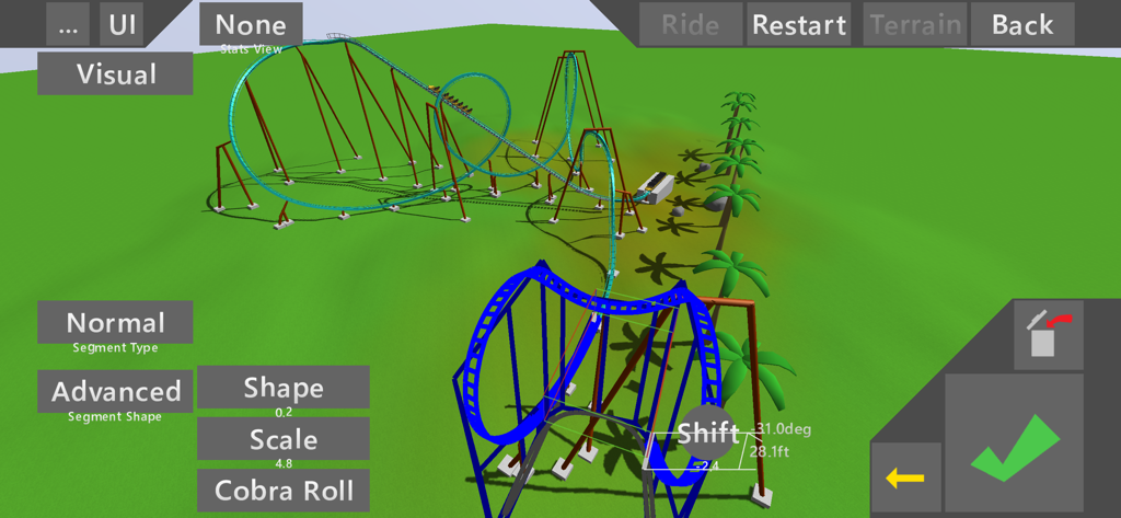 Ultimate Coaster 2 - Ultimate Coaster 2 3D track editor interface showing a blue cobra roll segment being customized with advanced controls.