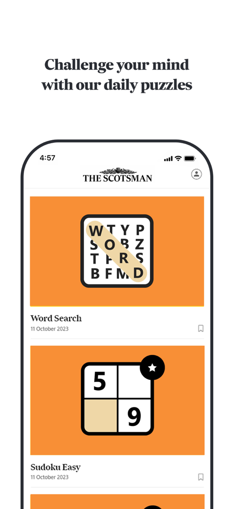 Screenshot dell'app The Scotsman Newspaper che mostra puzzle giornalieri, tra cui Word Search e Sudoku