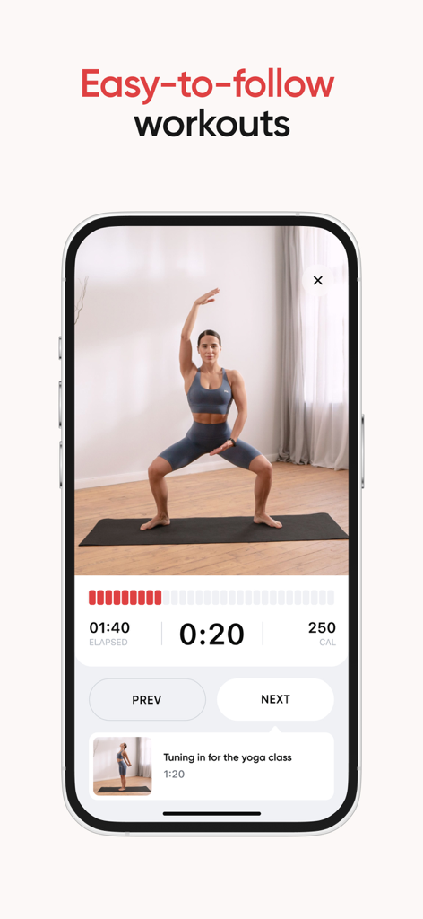 BetterMe app interface showing an easy to follow yoga workout with a timer and calorie tracker