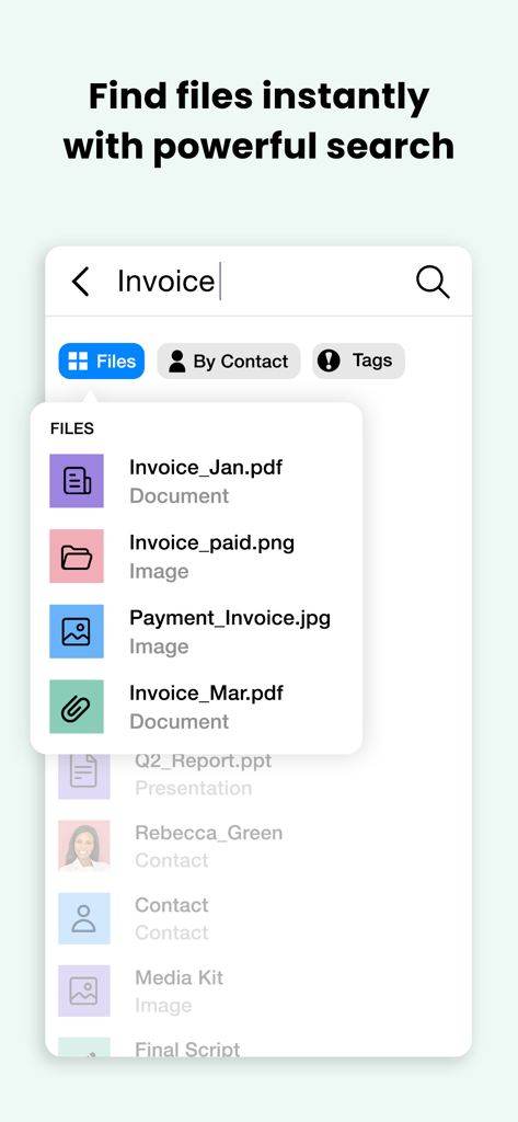 Spike: AI Email & Team Chat - Interfaz de la aplicación Spike mostrando potentes resultados de búsqueda de archivos de facturas.