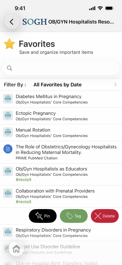 SOGH: OB/GYN Resource Center - Una captura de pantalla de la pantalla de Favoritos en la aplicación SOGH OB GYN Resource Center que muestra una lista de temas clínicos y citas guardados con opciones para fijar, etiquetar y eliminar elementos