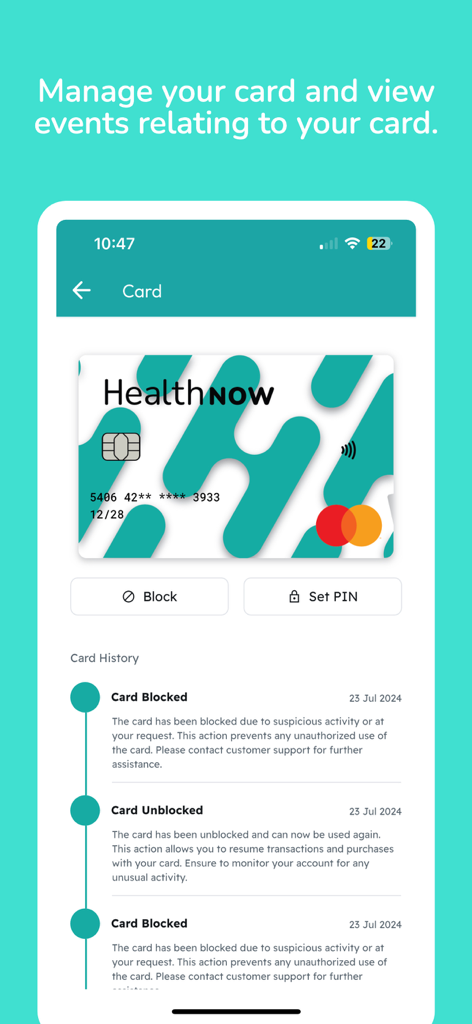 Interface de l'application My Health Now pour gérer les contrôles de carte et visualiser les événements de l'historique de la carte.