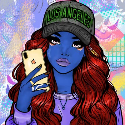 realistic beautiful girl wearing los ángeles cap holding an iphone