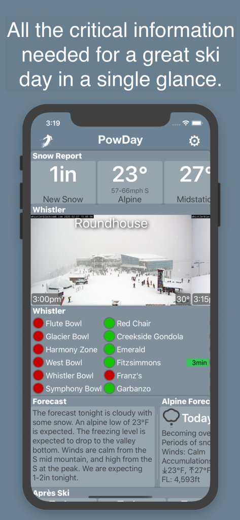 PowDay - PowDay mobile app dashboard with Whistler snow report lift statuses and mountain webcam view