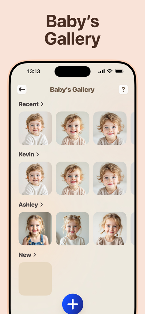 Future Baby Generator・AI Face - A smartphone screenshot of the Baby's Gallery screen within the Future Baby Generator app showing various AI-generated baby photos categorized by names like Kevin and Ashley.