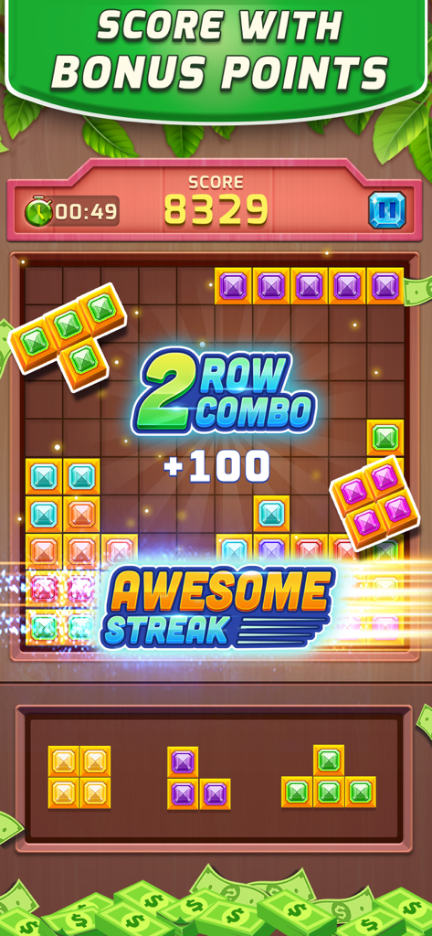 Block Puzzle: Win & CashOut - Block Puzzle gameplay with bonus points and combo rewards