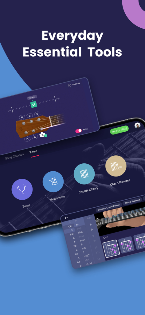OKMusician: Guitar & Ukulele - OKMusician app interface showing essential music tools including guitar tuner metronome and chord library