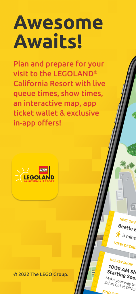 LEGOLAND California - Official - Introductory screen of the LEGOLAND California app highlighting live queue times show times and interactive map features