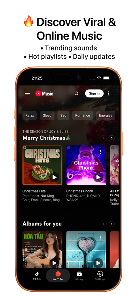 PlayListic: Background Player - PlayListic app interface showing viral and online music with trending sounds and hot playlists