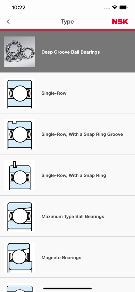 List of bearing types in the NSK app including Deep Groove Ball Bearings and Single-Row variants with diagrams