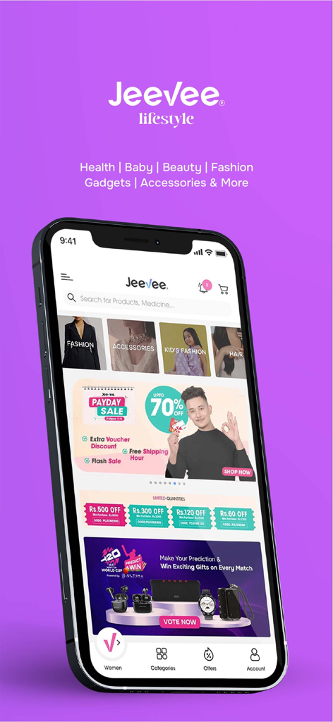 Pantalla de inicio de la aplicación de estilo de vida Jeevee que muestra categorías de salud, bebé, belleza y moda sobre un fondo morado.