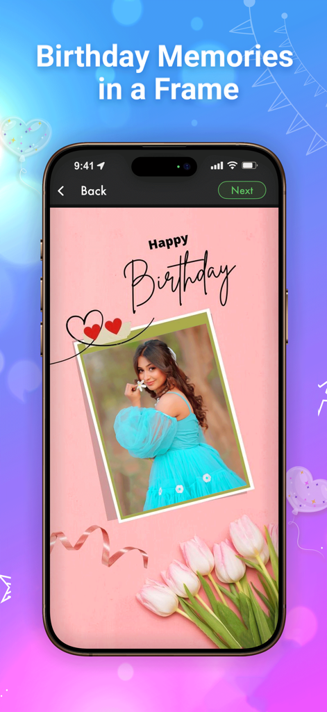 Birthday Video - Mobile app interface showing a pink birthday template with a photo frame and pink tulips